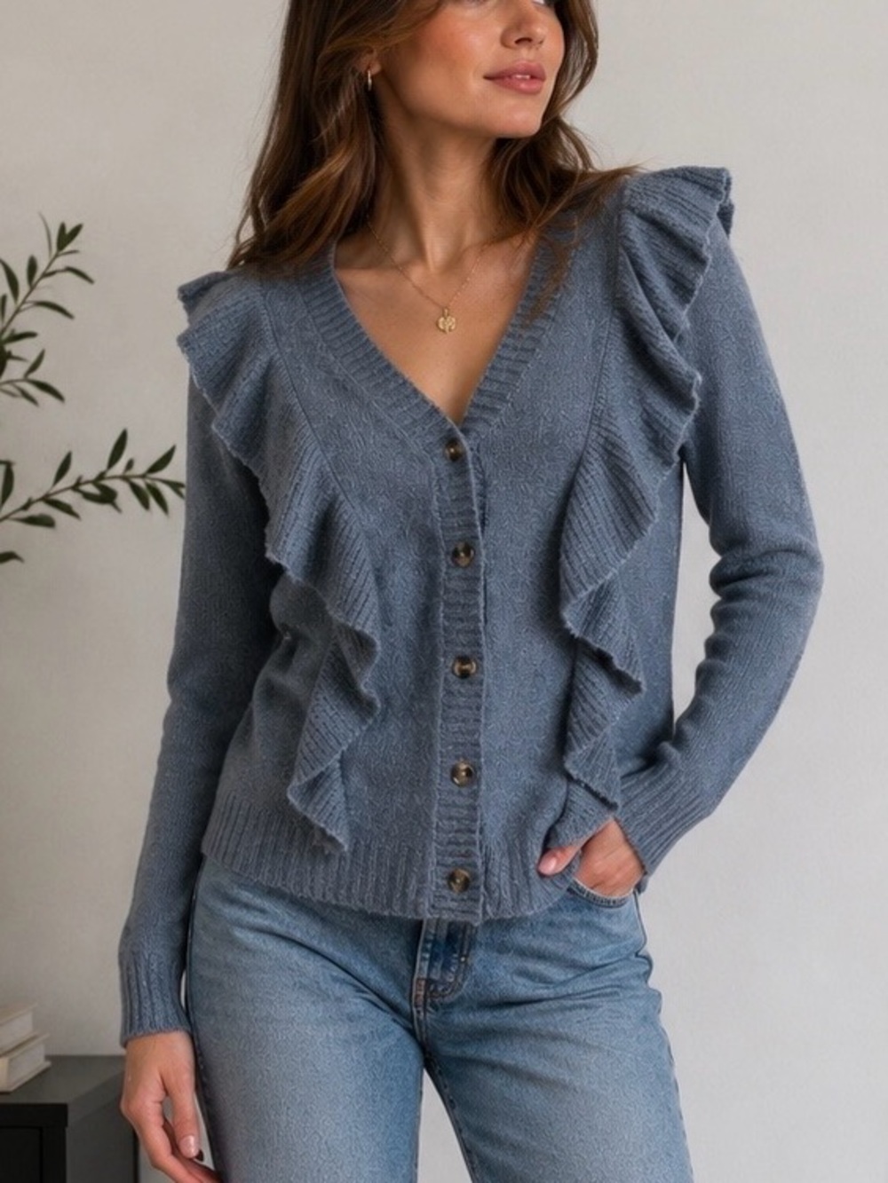 LC Lauren Conrad Blue Gray Ruffle Front Button Cardigan Sweater | Medium